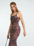 Women Vintage Sling Dress Spaghetti Straps Pleated Flower Print Lace Tulle Patchwork Summer Evening Party Midi