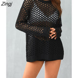 Women Round Neck Long Sleeve Solid Color Casual Sweater Hollow-out Loose Knitwear Jumper Tops