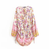 Queens Women Floral Print Sashes Boho Playsuits Ladies V Neck Long Sleeve Tassel Rayon Beach Jumpsuits