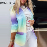 Women Coat Ombre Colorblock Long Sleeve Blazer Coat Office Lady