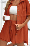 Shirts Suit Wide-leg Shorts Two Piece Set 2023 Short Sleeve Cotton Casual Long Blouse Women Pockets Loose Outfits