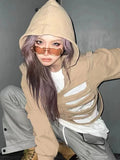 Women's Y2K Goth Cutout Zip-up Sweatshirt Grunge Long Sleeve Punk Harajuku Unisex Hooded Skeleton Hollow