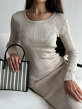Wind Solid Color Knitted Dress Female Spring And Autumn Temperament Waist Long Sleeve Long