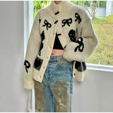Bow Printed Knitted Cardigan- Outfit