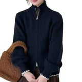 Solid Color Thin Knitted Collar Jacket 2025 New Simple Leisure Pocket Short Zipper Open