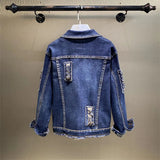 Spring Autumn New Women's Embroidery Red Rose Short Denim Jacket Coat Hole Long Sleeve Skinny Dark Blue Jeans
