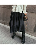 Grey Black Long Pleated Skirt Women High Waist Irregular Skirt Swing Frill Autumn Midi Skirt