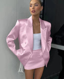 Pink Satin Blazer And Mini Skirt Set-Outfit