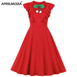 Red Women Party Tunic Dress Cherry Butterfly Sleeve 50s 60s Swing Hepburn Vintage Retro Rockabilly Pin Up Midi
