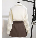Casual Fall Winter Two Pieces Sets Women French Vintage Bow Collar Full sleeve sweater + Pleated skirt sets Female