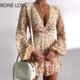 Women Elegant Fashion Sweet Floral Print V-neck Long Sleeve Dress Mini Dress Bodycon
