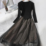 2021 New Autumn Women Knitted Tulle Patchwork Dresses Elegant Long Sleeve Polka Dot A Line Black Ladies