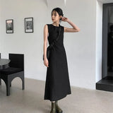 Hollow Out Dress Women Elegant Solid Sleeveless A Line Midi Dresses Summer Korean Drawstring Backless Sundress