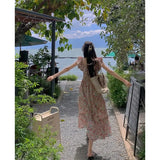 Vintage Floral Midi Dress Women Sweet Print Square Collar A Line Dresses Summer Elegant Vacation Flying Sleeve