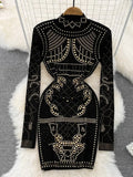 Autumn Women Gold/Silver Rivet Bodycon Party Dress Vintage Stand Collar Long Sleeve Sheath Slim Black Vestidos
