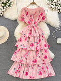 Women Floral Ruffle Pleated Long Dress Vintage V-Neck Short Sleeve High Waist Tierred Maxi Robe Vacation Beach