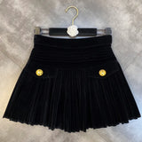 2022 Fall Winter Fake Pockets Golden Buttons Black Short Mini Pleated Skirt Women