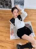 2 Piece Sailor Collar Vintage White Long Sleeve Top And Blouse Women Lantern Sleeve Cut Out Ladies Top Designer