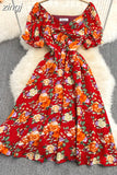 Women Sexy Floral Chiffon Dress Female Elegant V-Neck Short Sleeve High Waist A-Line Beach Vestido Casual Party Robe