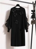Winter Knitted Sweater Dress For Women Korean Casual High Quality Temperament Ruffles Patchwork Flower Dress 4XL