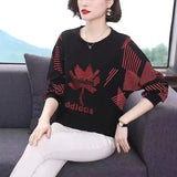 Autumn Casual Fashion Patchwork Print Oversized T-shirt Top Women Round Neck Long Sleeve All-match Chiffon Pullover