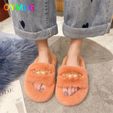 winter new net red hairy slippers for women's outer wear flat-bottomed slippers, wild thick-soled Korean hairy
