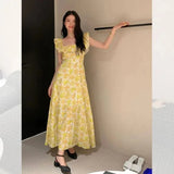 Vintage Floral Midi Dress Women Sweet Print Square Neck A Line Dresses Korean Vacation Yellow Flying Sleeves Slim