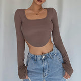 Autumn Fashion Casual T-shirts Irregular Hem Long Sleeve Square Collar Crop Top Women Solid Ribbed Pullovers
