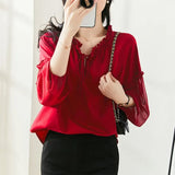 Autumn Women's Ruffles Lace Up Loose Casual Pullover Chiffon Shirt Oversized Lantern Long Sleeve Blusa All-match