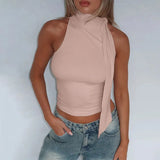 High Collar Tie Up Top-Outfit