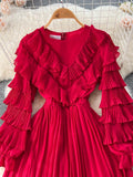 Winter Women Ruffle Pleated Long Dress Vintage Round Nec Puff Sleeve High Waist Draped Maxi Vestidos Green/Red/Purple