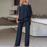 Women Straight Long Pants Outfits Casual Off Shoulder Ruffled Irregular Party Suit Spring Office Commuting Two Piece Set