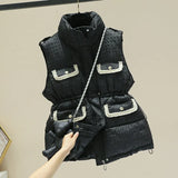 2022 Winter Sleeveless Stand Collar Multi Pockets Thick Cotton Vest Women Gilet