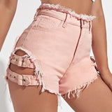 Trendy Hottie Sexy Retro Hairy Side On Both Sides Of The Hollow Can Adjust Denim Super Shorts Hot