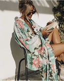 Queens Vintage green Crane Floral Print Sashes Women bohemian V Neck batwing Sleeves happie robe Kimono