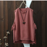 style literary round neck solid color knitted waistcoat women's vest with wide loose pullover waistcoat with