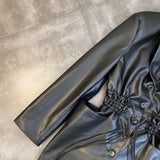 2022 Fall Winter Long Sleeve Turn Down Collar Drawstring Slim Waist Faux Leather Black Pu Jacket Women Coat