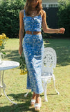 Queens Women Two Piece Floral Print Outfits Sleeveless Tie Neck Tops Bohemian Maxi Skirts 2 Pieces Boho