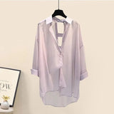 Women Summer Purple 3 Pieces Set 2023 Fashion Short Vest+long Sleeve Backless Chiffon Sunscreen Blouse+wide Leg Long Pants