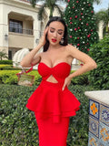 New Summer Women Strapless Bodycon Bandage Dress Sexy Sleeveless Ruffles Hollow Out Celebrity Evening Party Midi