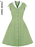 Single-breasted Shirt Retro Dresses Vintage Party Sundress Turn Down Collar Cotton Knee-Length Pinup 1950s Style