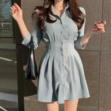 Solid Mini Dress Women Elegant Folds Slim A Line Shirts Dress Office Lady Korean Long Sleeve Simple Casual Vestidos