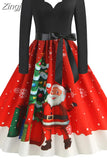 Big Swing Print Vintage Christmas Dress Women Winter Casual Long Sleeve V Neck Sexy New Year Party Dress