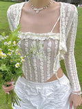 Y2K Aesthetics Cute Ruffles Trim Bandage Lace 2 Piece T-shirts 2000s Fashion Long Sleeve Covers and Camis Sweet