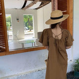 Retro Square Collar Dress Women Holiday Puff Short Sleeve Folds Backless A Line Midi Dress Beach Casual Lace Up