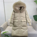 Loose Windbreak Long Coat Women Real Natural Fur Hooded Jacket 90% White Duck Down Coat Thick Warm Snow