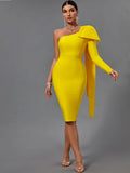 Sleeve Bandage Dress 2022 New Womens Yellow Bandage Dress Elegant Sexy Bowknot Evening Club Party Dress High Quality