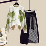 Lazy Sweater Two Piece set Women Sweet Heart-shaped beaded Pullover Jumper Top + Irregular Striped Skirt Knit 2PCS