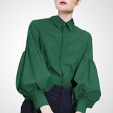 Spring Autumn Fashion Vintage Striped Print Single Breasted Casual Shirt Top Women Lantern Long Loose Blouse Female