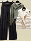 Warm 3 Piece Set Women Pullover Sweater + Wide Leg Pants +Lamb Wool Vest Outfits Knitted Suit Tracksuit Womens
